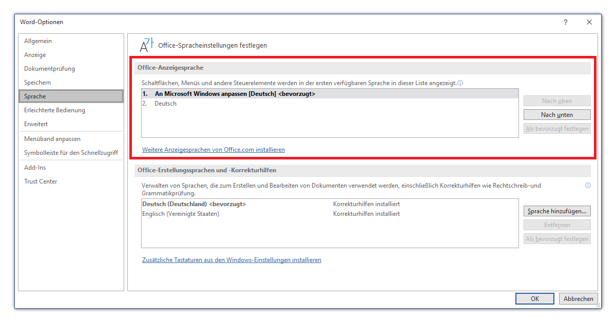 Cambiar la configuración del idioma en Word y Excel 2019 