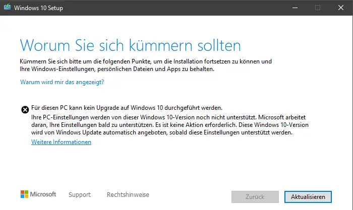 Für diesen PC kann kein Upgrade auf Windows 10 durchgeführt werden